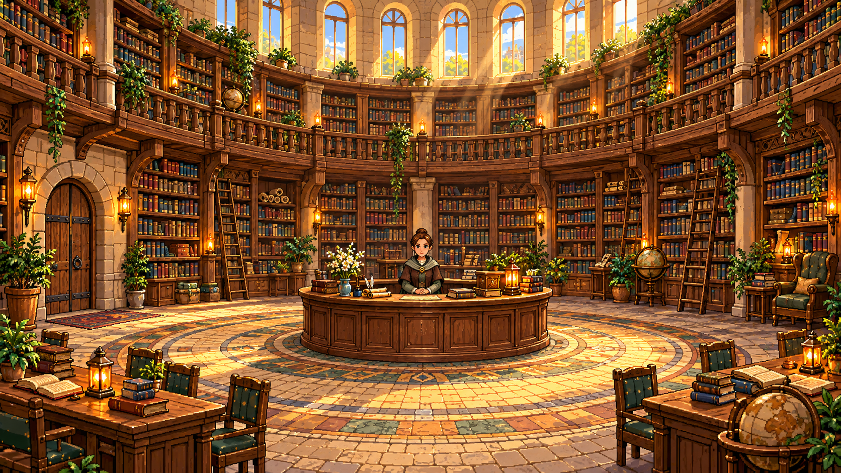 The town library, lined with books and places to study