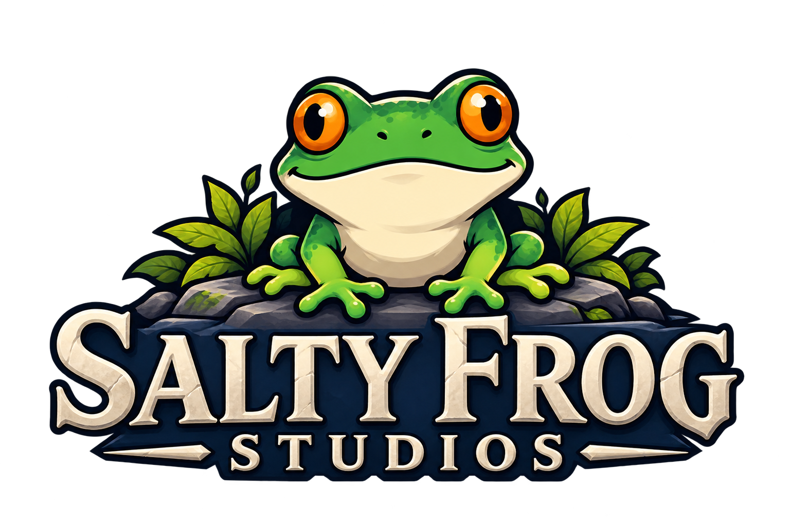 Salty Frog Studios logo: a green frog with golden eyes above the studio name