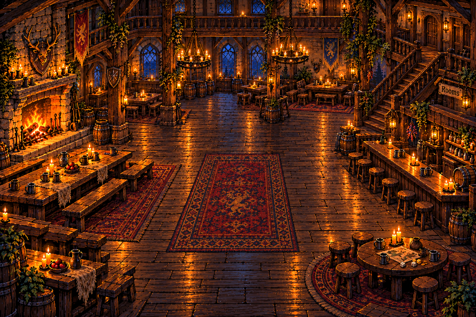 The warmly lit interior of the town tavern