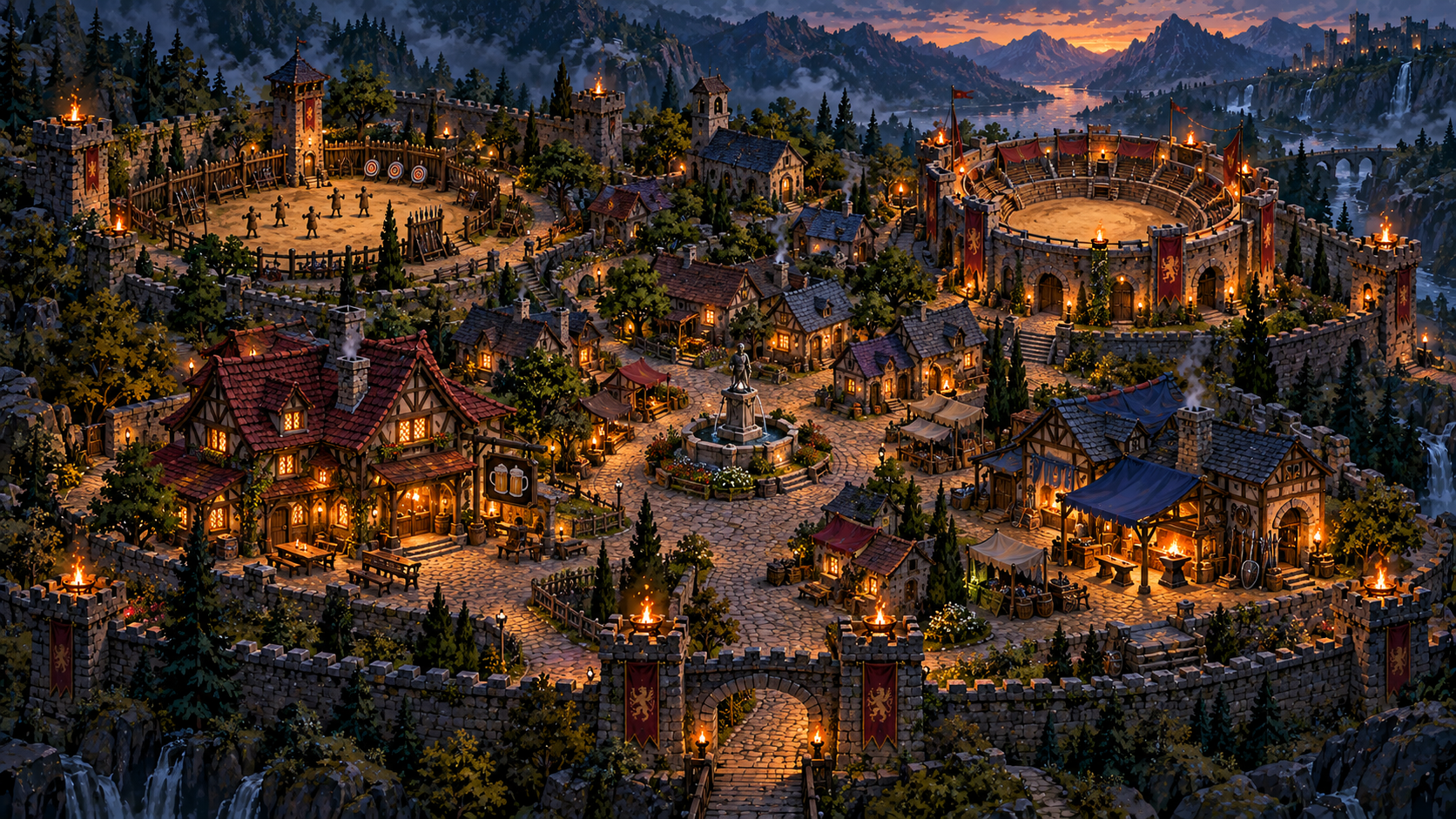 A fantasy town at dusk, with a central fountain, a tavern, a guild courtyard, an arena and a church
